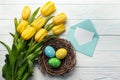 Easter background with bright, colored eggs in nest and yellow tulips