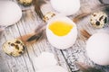 easter background with chicken quail one broken eggs and feathers on white wooden table, food top view Royalty Free Stock Photo