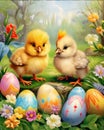 Easter background with easter chicks and eggs in the meadow Royalty Free Stock Photo