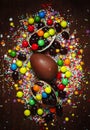 Easter background with chocolate eggs and multi-colored sugar, t