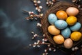 Easter Background with Colorful Eggs in Nest and Delicate Spring Flowers - Top View Royalty Free Stock Photo