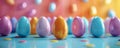 Easter background. Colorful row of shiny beautiful plastic easter eggs with confetti, playful party vibe