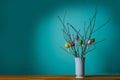 White vase with a branch decorated with Easter eggs on blue background. Easter in germany. Royalty Free Stock Photo