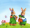 Easter background with a couple of bunnies, holding carrots and Easter basket.