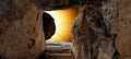 Easter background - Crucifixion - Resurrection of Jesus Christ in Golgota / Golgotha jerusalem israel, empty tomb with sunbeams Royalty Free Stock Photo