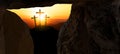 Easter background -Crucifixion - Resurrection of Jesus Christ in Golgota / Golgotha jerusalem israel, empty tomb, sunrise or Royalty Free Stock Photo