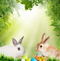 Easter background. Cute Little bunny and Easter eggs