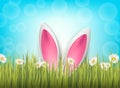 Easter background with 3d realistic bunny ears in green glass and flowers on blue backdrop.