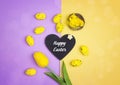Easter Background With Decorative Eggs, Chicken And Tulip.