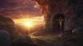 Easter background depicts the resurrection of Jesus Christ at sunrise, featuring an empty tomb, shroud, and crucifixion Royalty Free Stock Photo