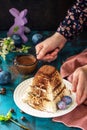 Easter background. Dessert tiramisu Easter cottage cheese pascha on festive table. Royalty Free Stock Photo