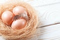 Easter background. Easter beige eggs and feather in nest on rustic white wooden background. Close-up, copy space Royalty Free Stock Photo