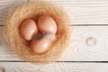 Easter background. Easter beige eggs and feather in nest on rustic white wooden background. Top view, copy space Royalty Free Stock Photo