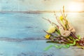 Easter background with Easter eggs and spring flowers. Top view with copy space Royalty Free Stock Photo