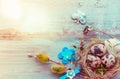 Easter background with Easter eggs and spring flowers. Top view with copy space Royalty Free Stock Photo