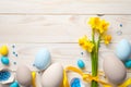 Easter Background with Easter Eggs and Spring Flowers Royalty Free Stock Photo