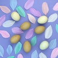 Easter background. Easter egg composition of olive eggs and pastel color feathers on violet background