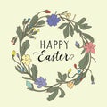 Easter congratulation on an abstract background with a wreath of flowers