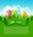 Easter background with eggs in grass and blue sky with clouds and place fot your text. Vector. Royalty Free Stock Photo