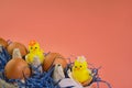 Easter background. Eggs and happy chickens in a basket on a blue straw on a pink background. Horizontal festive