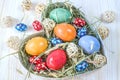 Colorful Easter eggs, nest