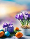 easter background with eggs and saffron flower Royalty Free Stock Photo