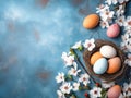 Easter background with Easter eggs and spring flowe