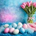 Easter background with eggs, tulips flowers and copy space for text. Soft, pastel colors decoration Perfect for holiday-themed Royalty Free Stock Photo