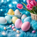 Easter background with eggs, tulips flowers and copy space for text. Soft, pastel colors decoration Perfect for holiday-themed Royalty Free Stock Photo