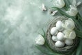 Easter background empty nest with white tulips, eggs and butterflies. The image is generated with the use of an AI.