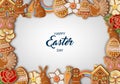 Easter background with gingerbread cookies. easter frame with gingerbreads