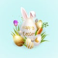 Easter background with gold and white realistic 3D symbols and eggs.A set with carrots, flowers, grass, and ears for the baby. Royalty Free Stock Photo