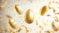 Easter background with golden eggs and spiral ribbons. Modern illustration of 3D luxury gold eggs with patterns and