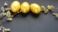 Easter background with golden eggs and willow on a black background. Template for poster, advertisement, poster, postcard. Royalty Free Stock Photo