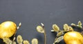 Easter background with golden eggs and willow on a black background. Template for poster, advertisement, poster, postcard. Royalty Free Stock Photo