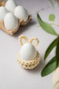 Easter background. Green eucalyptus, white egg in a knitted bunny egg holder. Spring time. Minimalistic Royalty Free Stock Photo