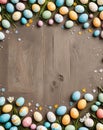 Easter background with hand painted eggs and empty card with copy space for text Royalty Free Stock Photo