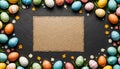 Easter background with hand painted eggs and empty card with copy space for text Royalty Free Stock Photo