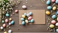 Easter background with hand painted eggs and empty card with copy space for text Royalty Free Stock Photo