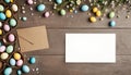 Easter background with hand painted eggs and empty card with copy space for text Royalty Free Stock Photo