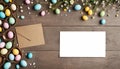 Easter background with hand painted eggs and empty card with copy space for text Royalty Free Stock Photo