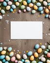 Easter background with hand painted eggs and empty card with copy space for text Royalty Free Stock Photo