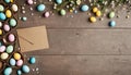 Easter background with hand painted eggs and empty card with copy space for text Royalty Free Stock Photo
