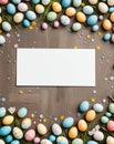 Easter background with hand painted eggs and empty card with copy space for text Royalty Free Stock Photo
