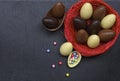 Easter background. Handmade chocolate eggs in nest. Royalty Free Stock Photo