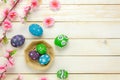 Easter background.Happy easter eggs pained on basket al