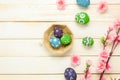 Easter background.Happy easter eggs pained on basket al