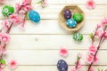 Easter background.Happy easter eggs pained on basket al