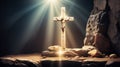 Easter background with Jesus Christ cross and risen text written, engraved, carved on stone Royalty Free Stock Photo