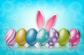 Easter background with painted 3d realistic egg and bunny ears behind on blue backdrop with bokeh. Royalty Free Stock Photo